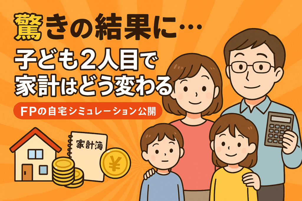 驚きの結果に…子ども2人目で家計はどう変わる？FPの自宅シミュレーション公開を伝えるブログのTOP画像。家計簿や電卓、グラフを持つ家族4人と家・コインなどのイラスト入り。
