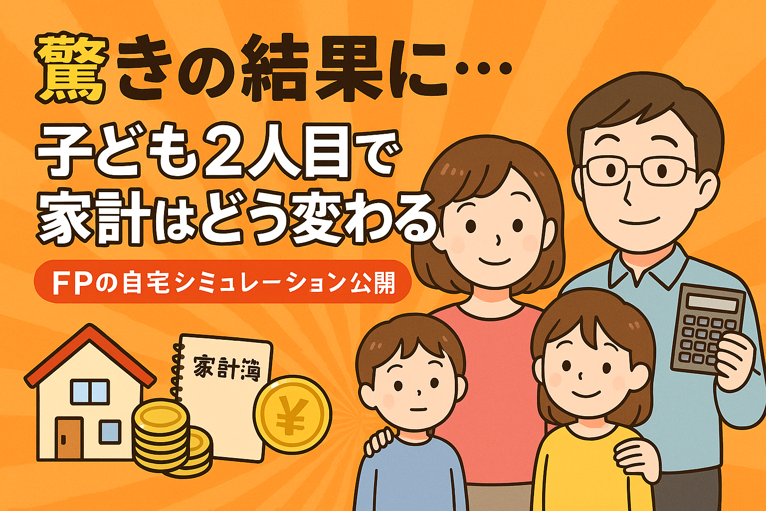 驚きの結果に…子ども2人目で家計はどう変わる？FPの自宅シミュレーション公開を伝えるブログのTOP画像。家計簿や電卓、グラフを持つ家族4人と家・コインなどのイラスト入り。