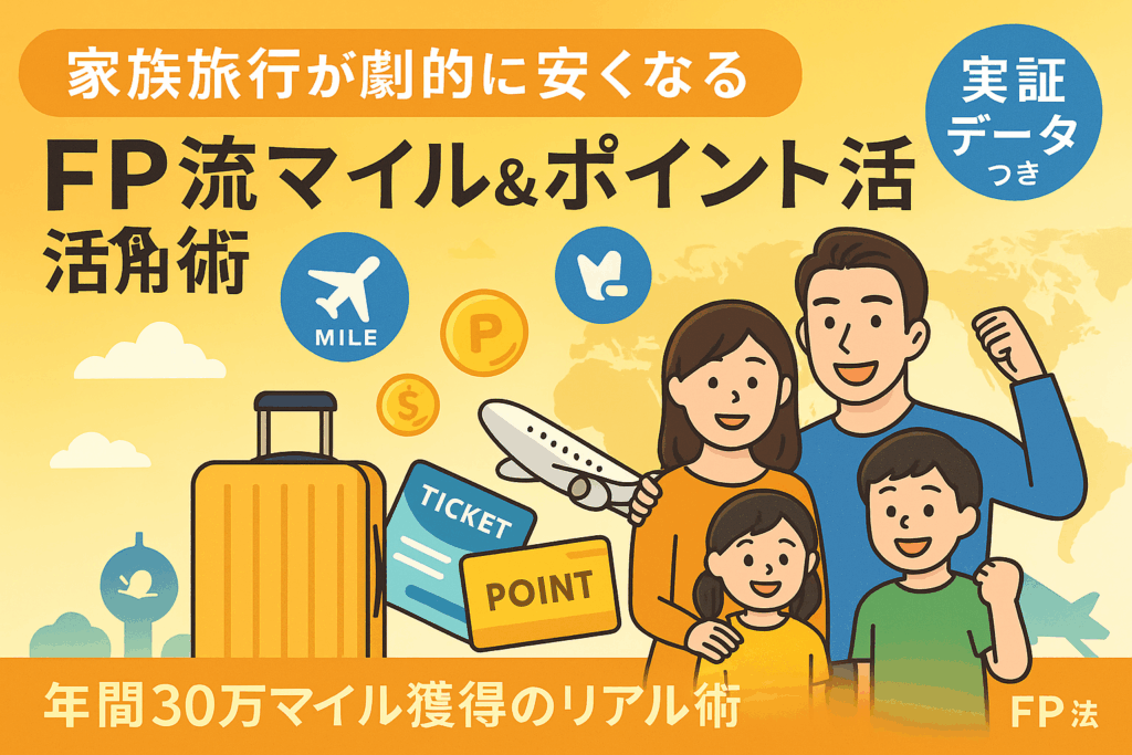 FP監修によるマイル＆ポイント活用術で家族旅行を劇的に安くする方法を伝える、笑顔の家族と飛行機、ポイントやチケット、スーツケースなどが描かれたイラスト付きブログトップ画像