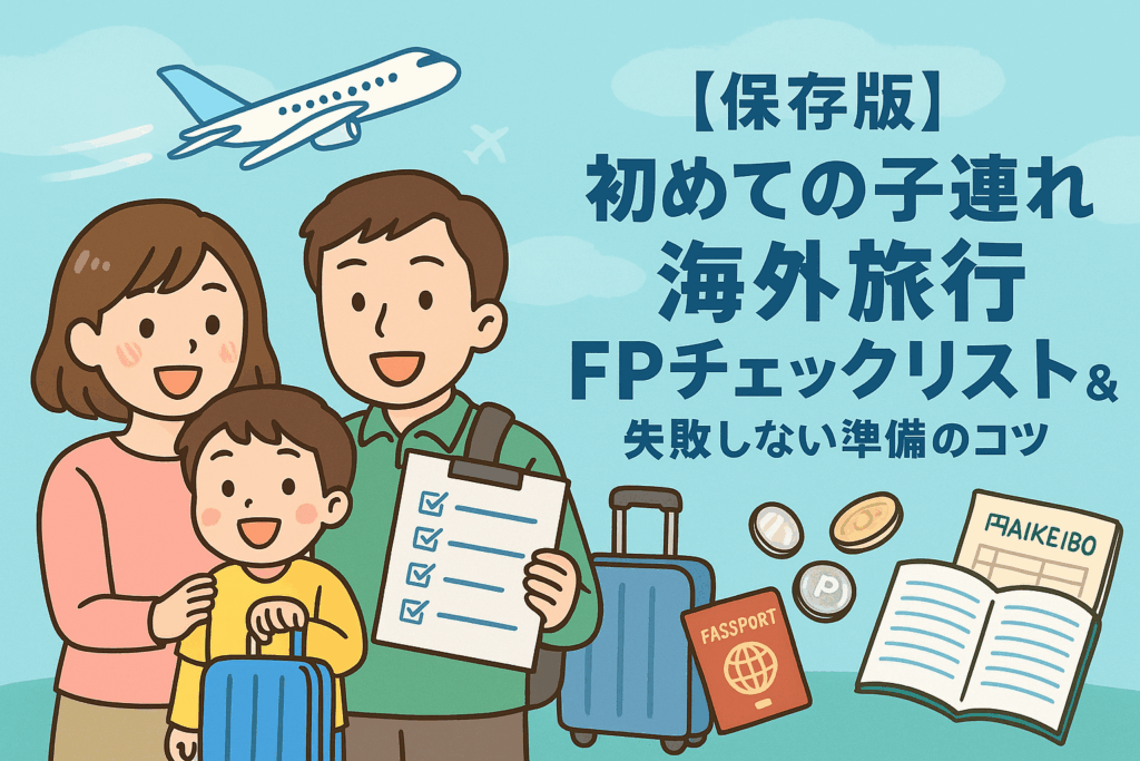 【保存版】初めての子連れ海外旅行FPチェックリスト＆失敗しない準備のコツのTOP画像。親子がスーツケースやチェックリストを持ち、飛行機やパスポート、コイン、家計簿など海外旅行の雰囲気が伝わるイラスト。