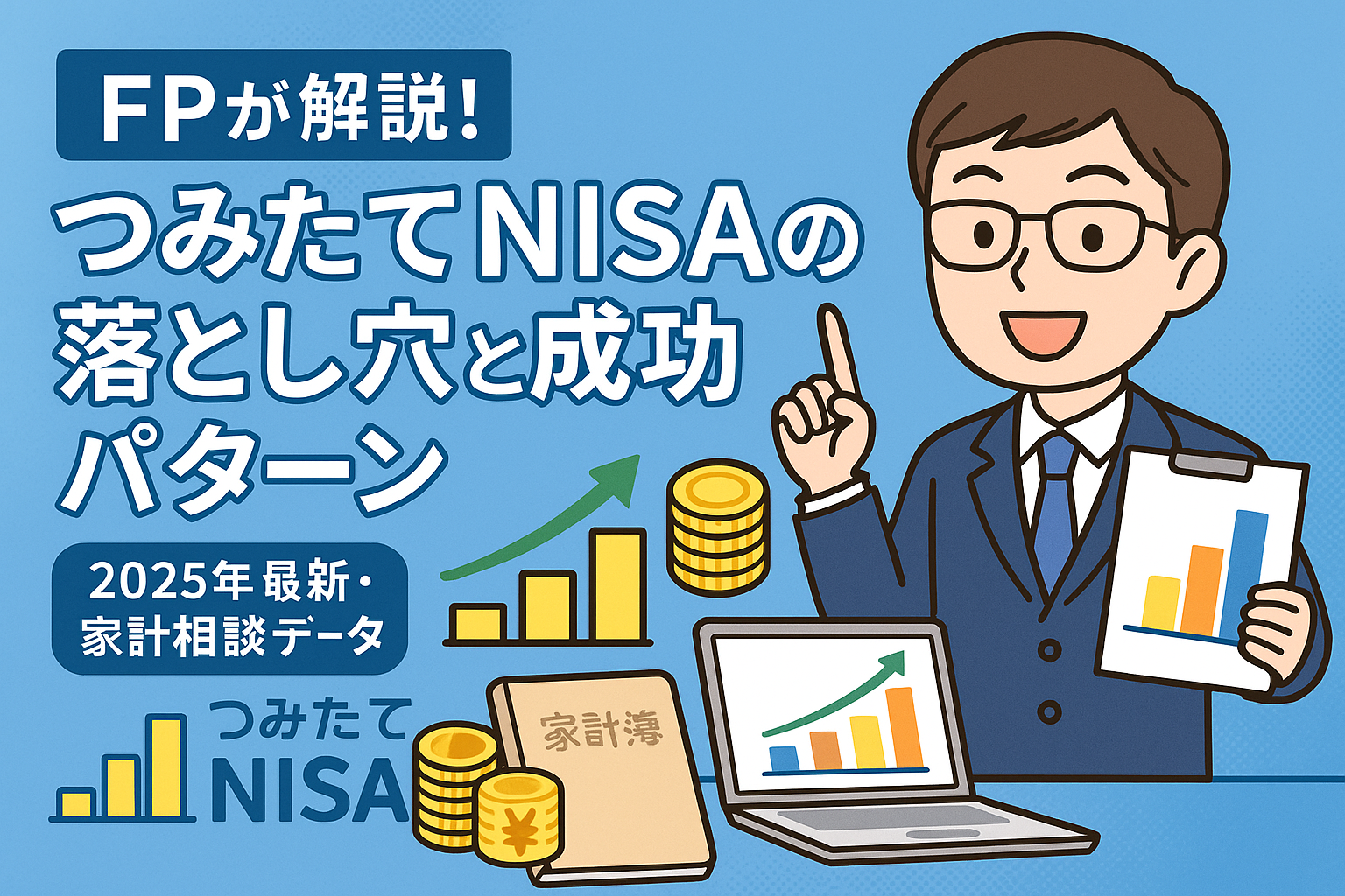 FPが解説！つみたてNISAの落とし穴と成功パターン【2025年最新・家計相談データ】のブログTOP画像。スーツ姿のFPがグラフや家計簿、コイン、ノートパソコンを持ち、信頼感のあるイラストでつみたてNISAのポイントを解説している。