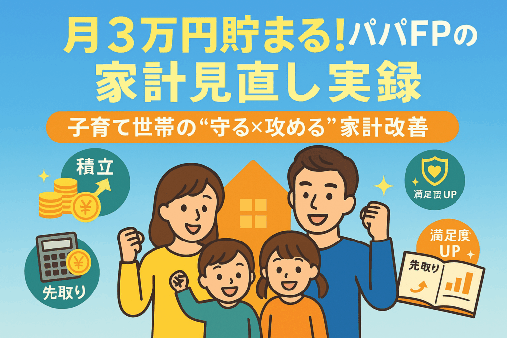 子育て世帯の家計見直しで月3万円貯金を実現したFPパパと家族が、明るい雰囲気で笑顔になるイラスト。家計簿や電卓、保険の安心アイコン、コインが描かれたファミリー向けの家計改善イメージ画像