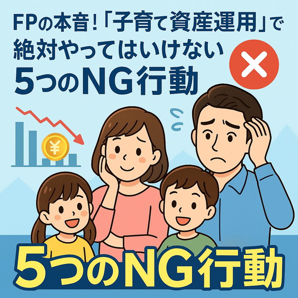 FPの本音！子育て×資産運用で絶対やってはいけない5つのNG行動を表すブログ用トップ画像。家族が悩んでいる様子、グラフやNGマーク、金融イメージ入り。