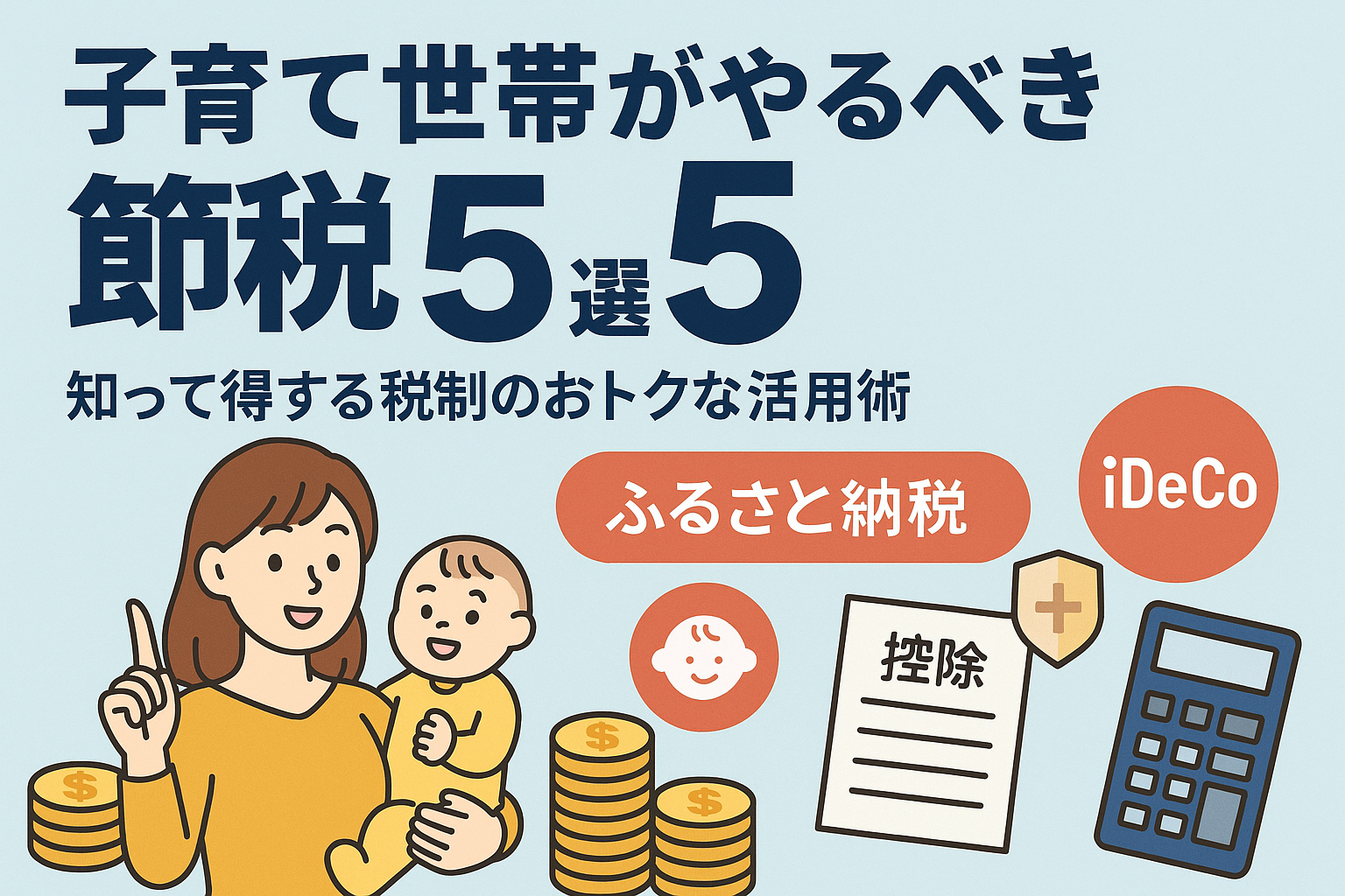 子育て世帯のための節税方法5選を紹介するイラスト。母親と赤ちゃん、ふるさと納税やiDeCoのアイコン、控除書類と電卓などが描かれている。