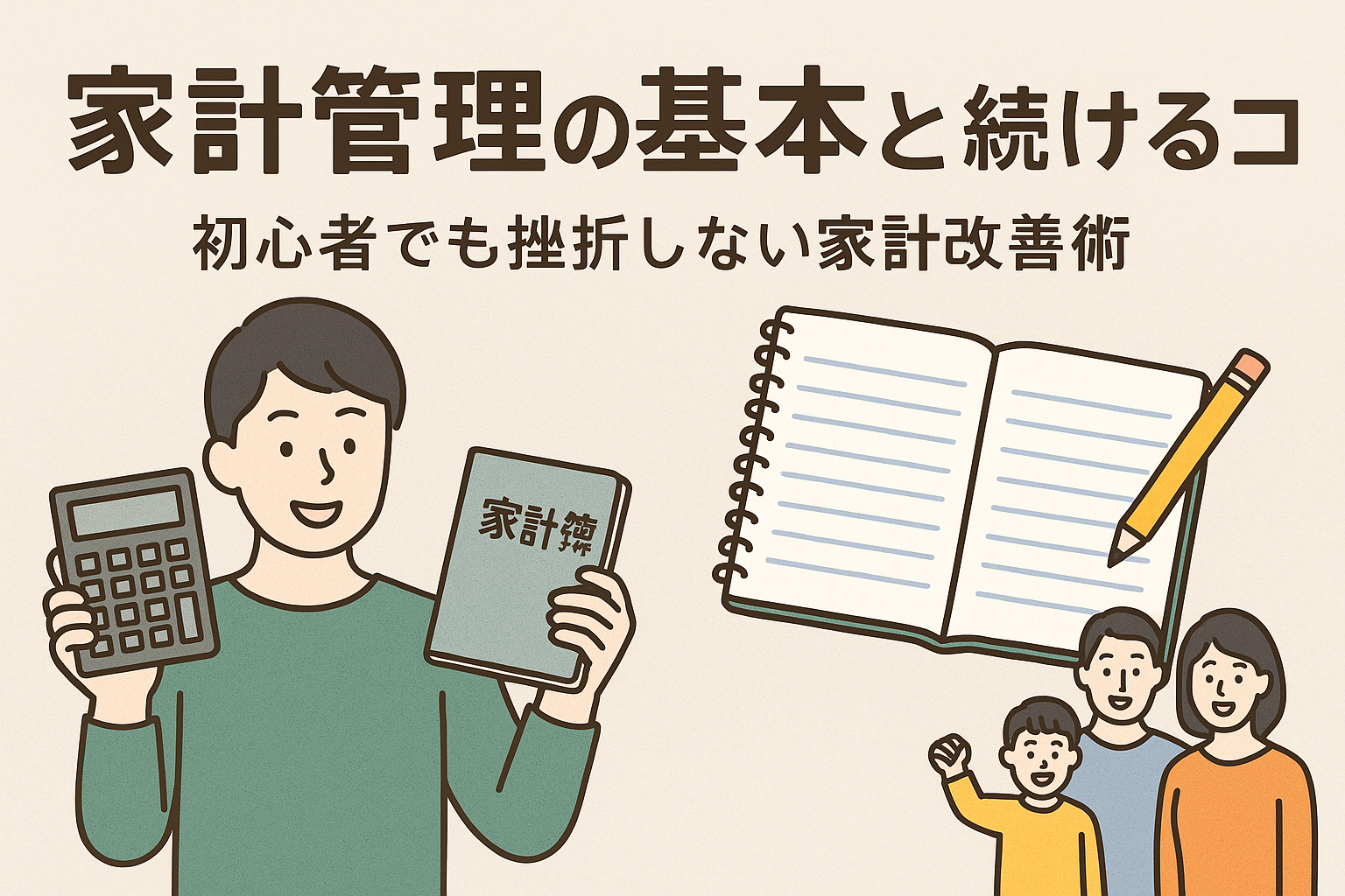 家計管理の基本と続けるコツを解説した日本語バナー画像。家計簿とノート、電卓を持つ人物イラストとタイトルテキストが描かれている。