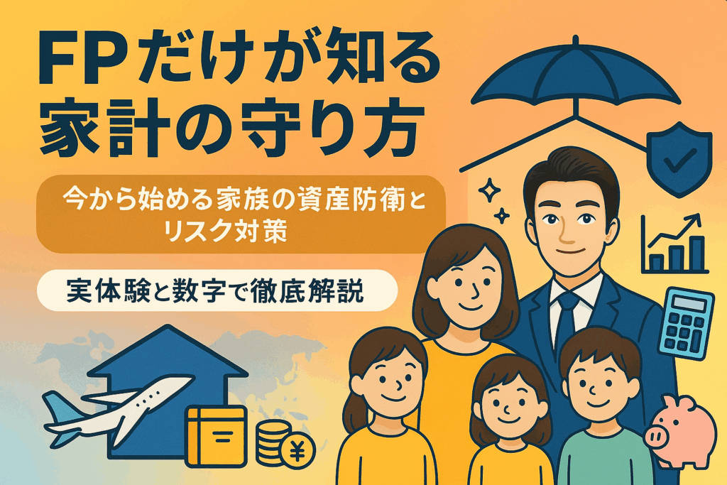 "FPだけが知る家計の守り方をテーマに、資産防衛やリスク対策の大切さを家族とFPが笑顔で伝えるイラスト。傘や盾、グラフ、電卓、家、コインなど資産管理を象徴するアイコンが描かれた安心感あるブログTOP画像"