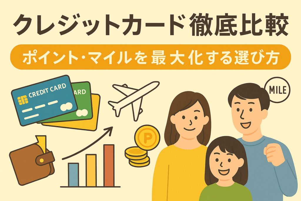 クレジットカード徹底比較|ポイント・マイルを最大化する選び方の日本語バナー画像。重なったクレジットカード、飛行機、グラフ、コイン、財布、家族のイラストが描かれている。