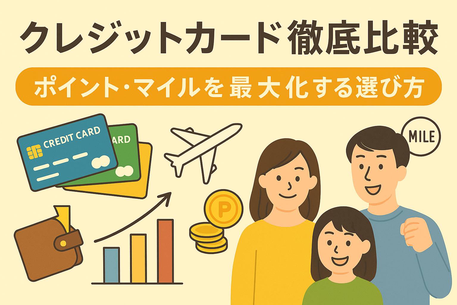 クレジットカード徹底比較｜ポイント・マイルを最大化する選び方の日本語バナー画像。クレジットカード、マイル、ポイント、財布、グラフなどのイラストが描かれている。