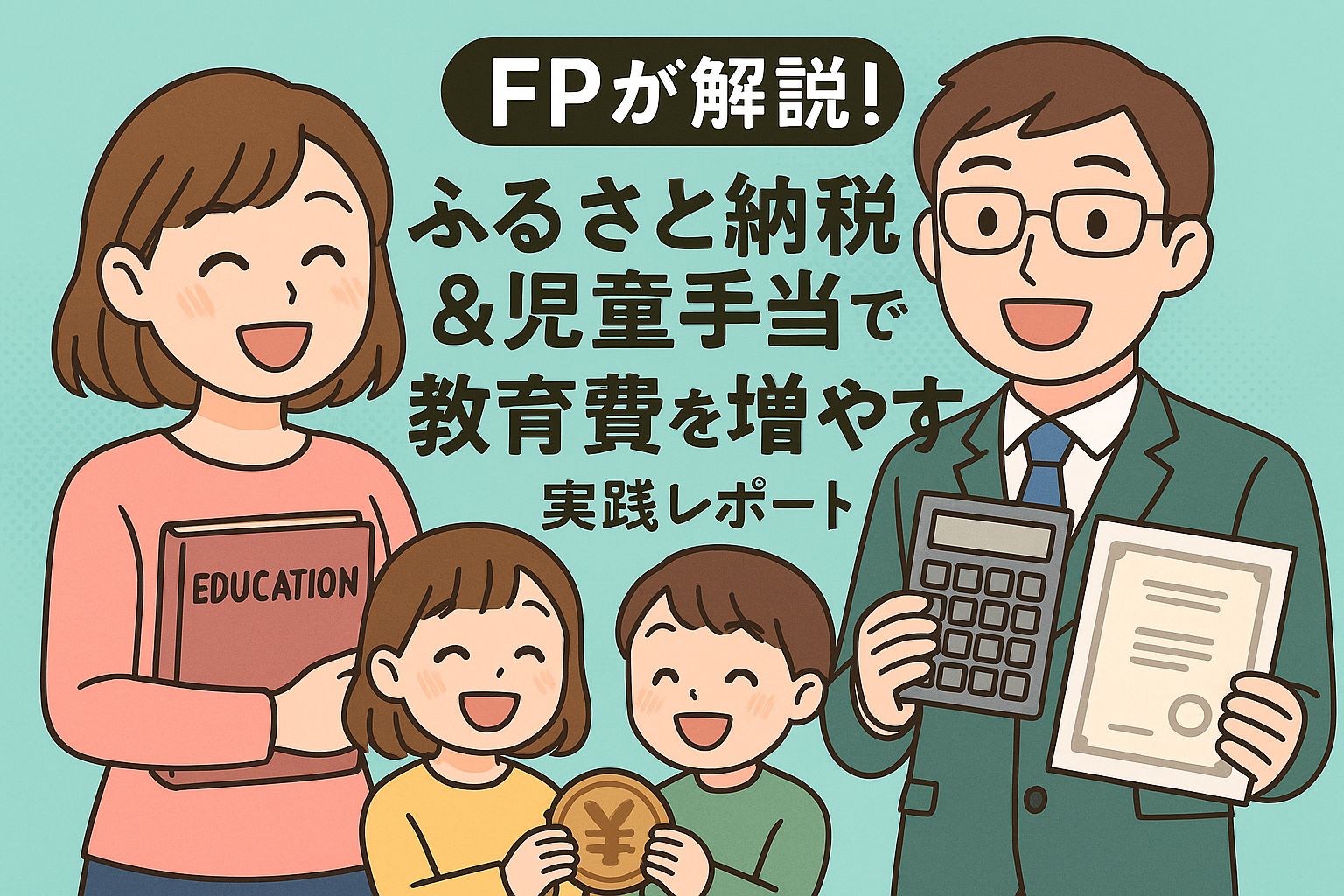 FPが解説！ふるさと納税と児童手当を活用して教育費を増やす方法を紹介する実践レポートのブログTOP画像。家族が笑顔で教育関連の本や電卓、証明書、コインを持ち、信頼感のあるイラスト。