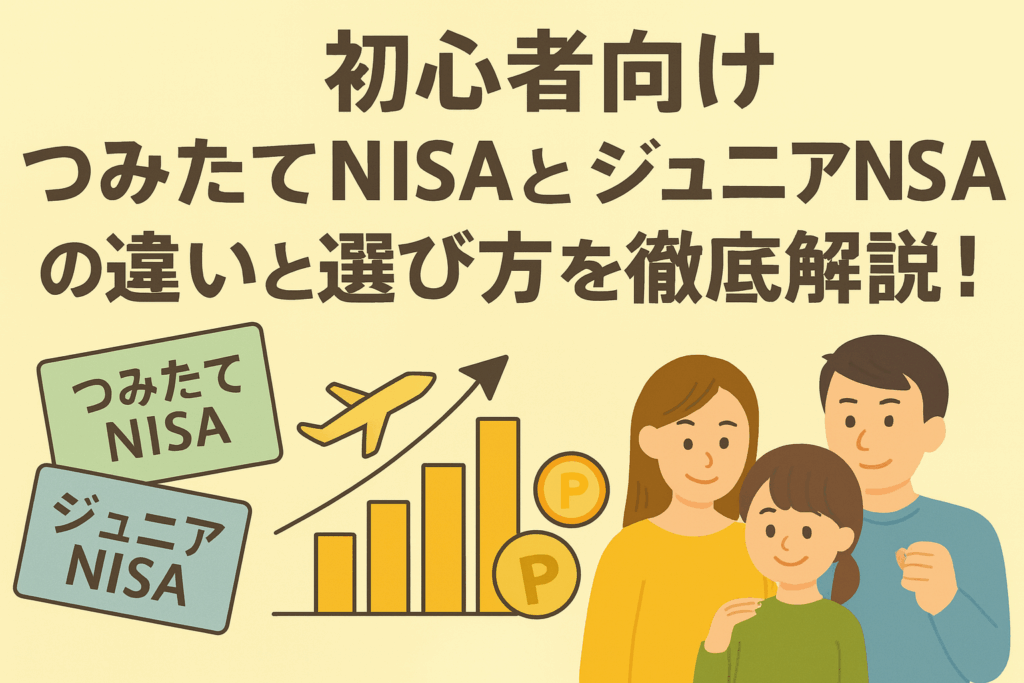 初心者向け つみたてNISAとジュニアNISAの違いと選び方を徹底解説!の日本語バナー画像。2種類のNISAカード、グラフ、家族のイラスト、ポイント・円マークが描かれている。