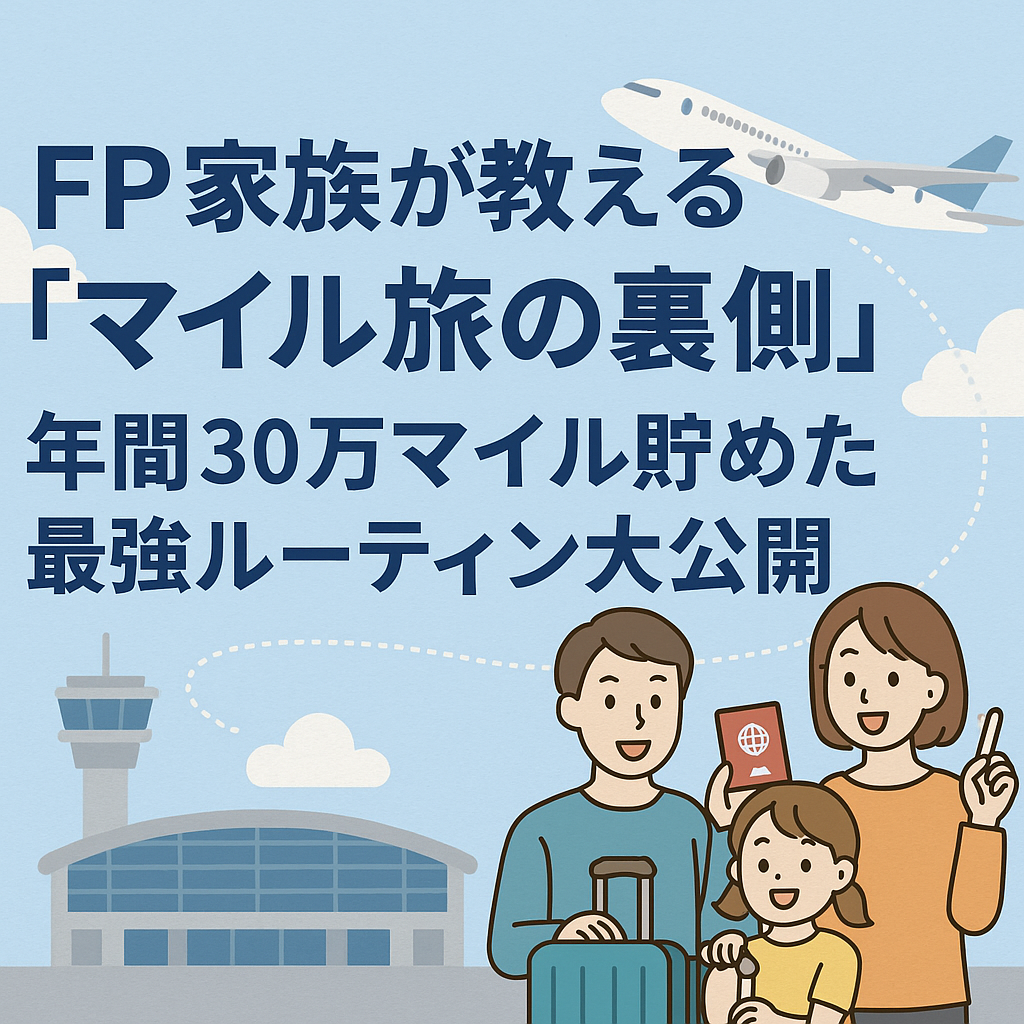 FP家族が教える『マイル旅の裏側』…年間30万マイル貯めた最強ルーティン大公開、の日本語バナー画像。青空と飛行機、世界地図、スーツケース、コイン、クレジットカード、家族4人（FPパパ）のイラストが明るく描かれている。