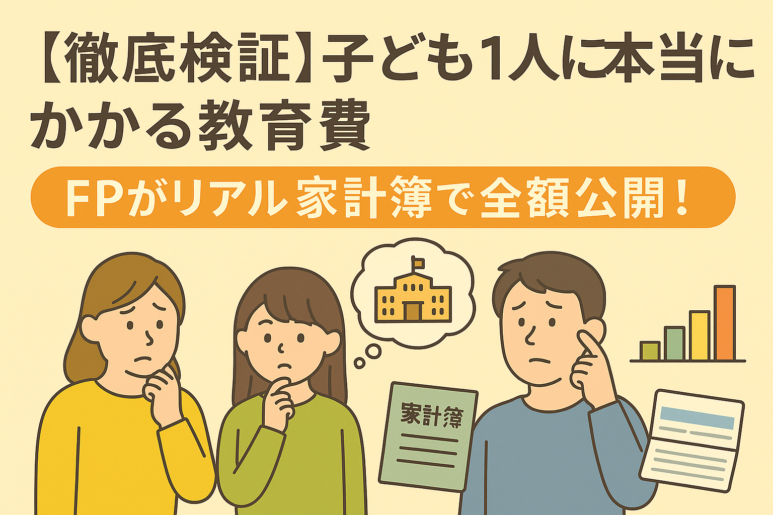 【徹底検証】子ども1人に本当にかかる教育費、FPがリアル家計簿で全額公開！の日本語バナー画像。悩んでいるママ・パパと、将来を考える子ども、家計簿や通帳、グラフのイラストが明るく描かれている。