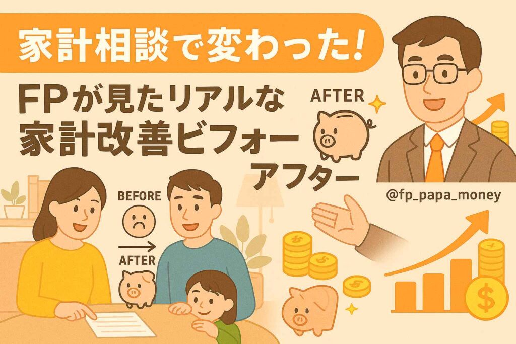 家計相談で変わった!FPが見たリアルな家計改善ビフォーアフターの日本語バナー画像。FPと家族、ビフォーアフターの貯金箱、グラフ、コインのイラストが描かれている。
