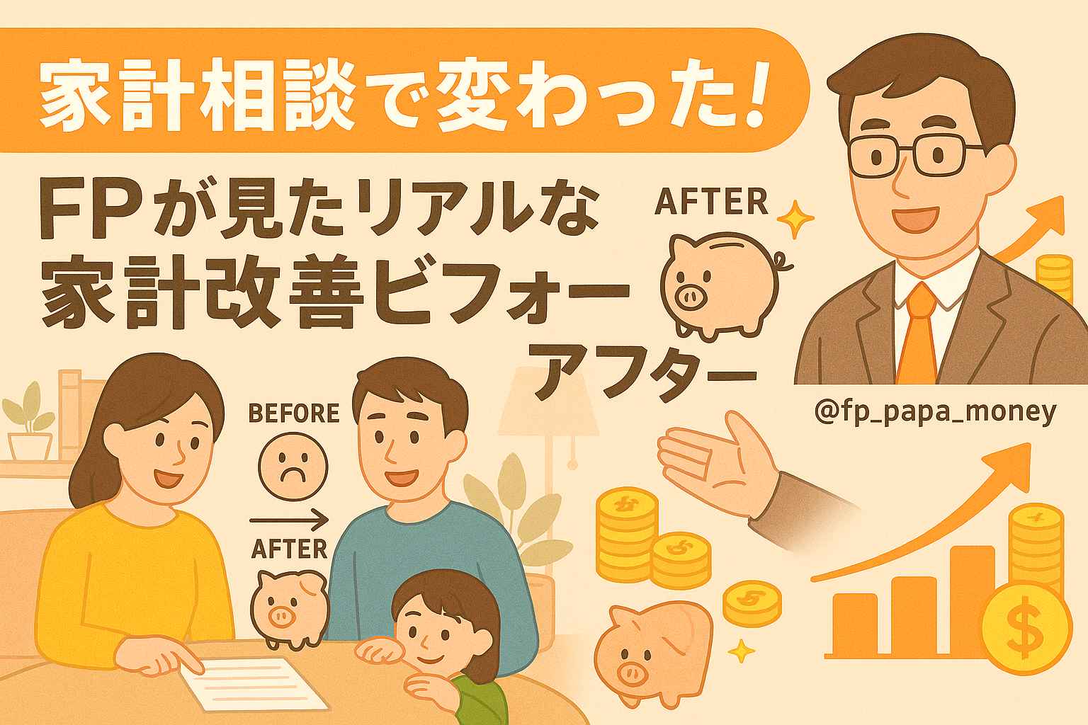 家計相談で変わった！FPが見たリアルな家計改善ビフォーアフターの日本語バナー画像。FPと家族、ビフォーアフターの貯金箱、グラフ、コインのイラストが描かれている。