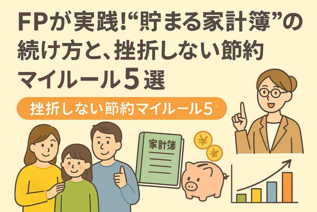 FPが実践!“貯まる家計簿”の続け方と、挫折しない節約マイルール5選の日本語バナー画像。かわいい家族やFP、家計簿、コイン、貯金箱、グラフのイラストが明るく描かれている。