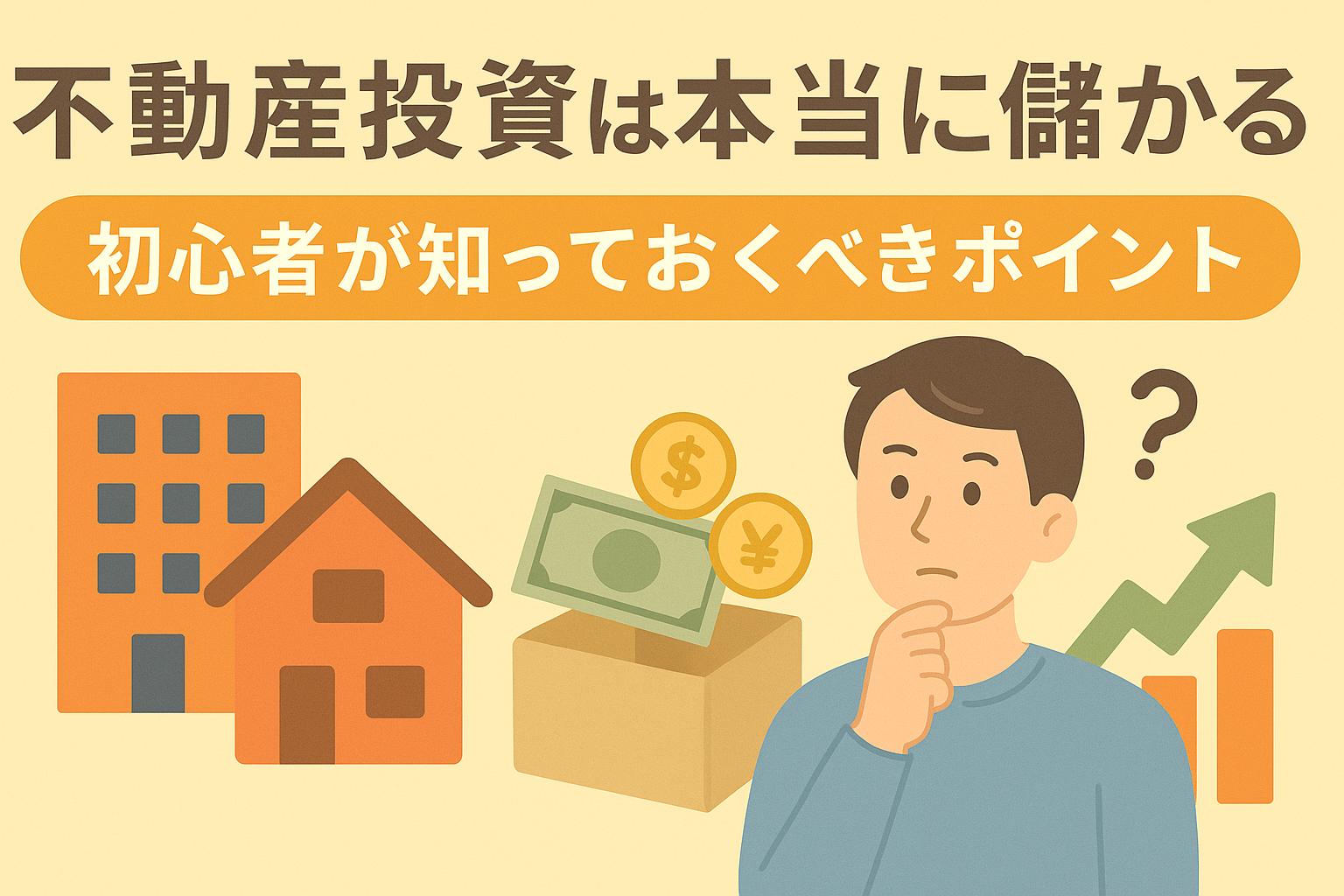 不動産投資は本当に儲かる？初心者が知っておくべきポイントの日本語バナー画像。住宅やビル、現金、コイン、悩む男性、上昇グラフが描かれている。
