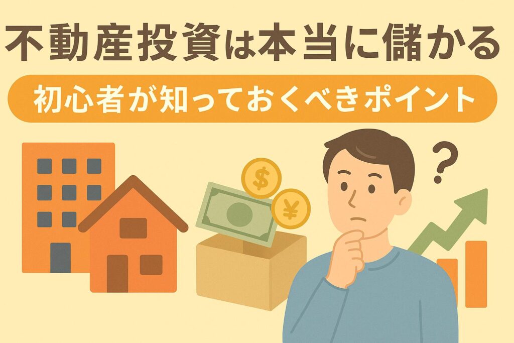 不動産投資は本当に儲かる?初心者が知っておくべきポイントの日本語バナー画像。住宅やビル、現金、コイン、悩む男性、上昇グラフが描かれている。