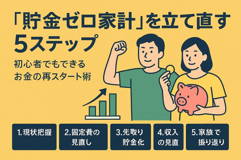 貯金ゼロ家計を立て直す5ステップを解説した日本語バナー画像。男女のイラスト、貯金箱、棒グラフ、5つの実践ステップの見出しが描かれている。