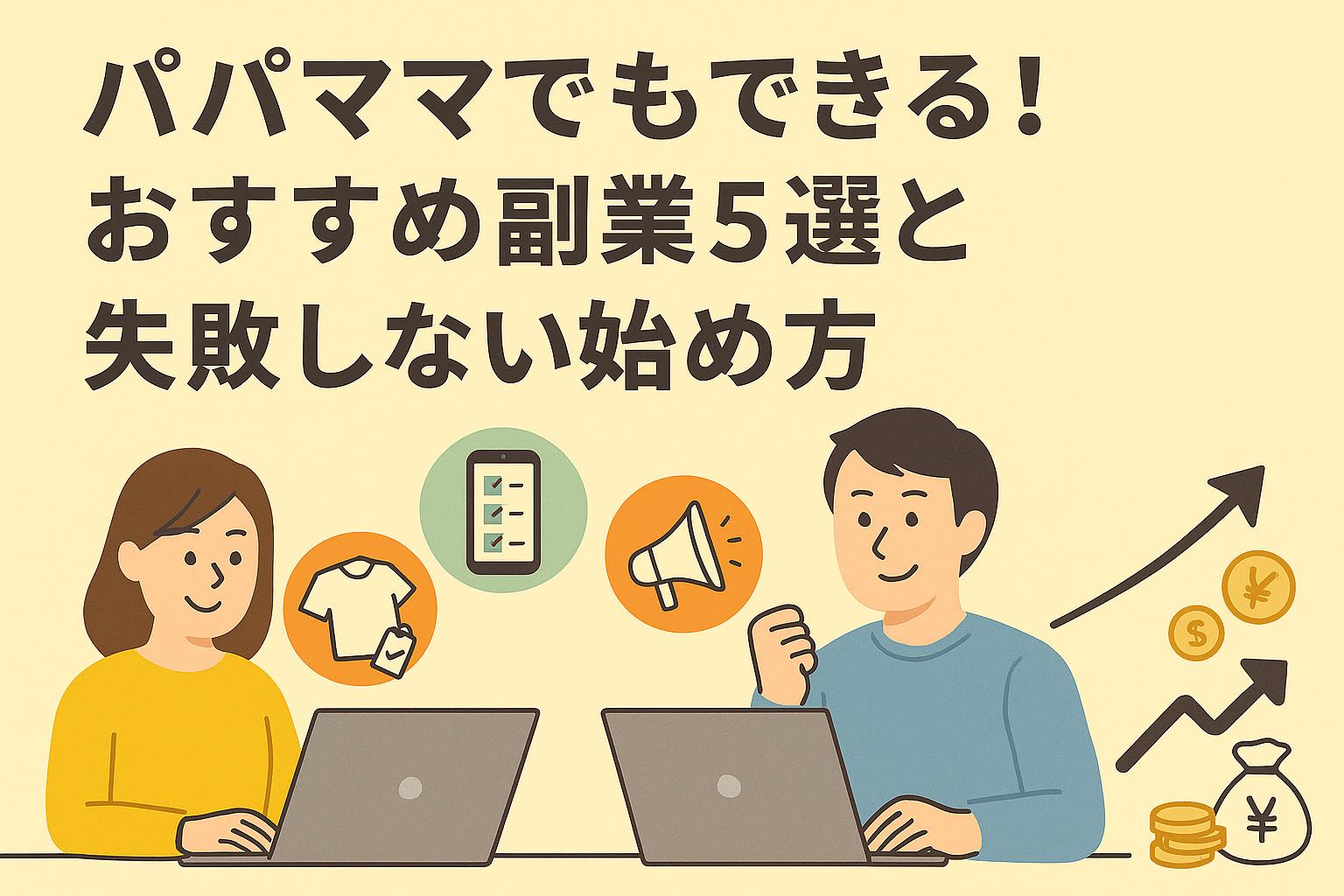 パパママでもできる！おすすめ副業5選と失敗しない始め方という日本語バナー画像。パソコンで副業をする母親と父親、フリマやチェックリスト、メガホン、グラフとコインのイラストが描かれている。