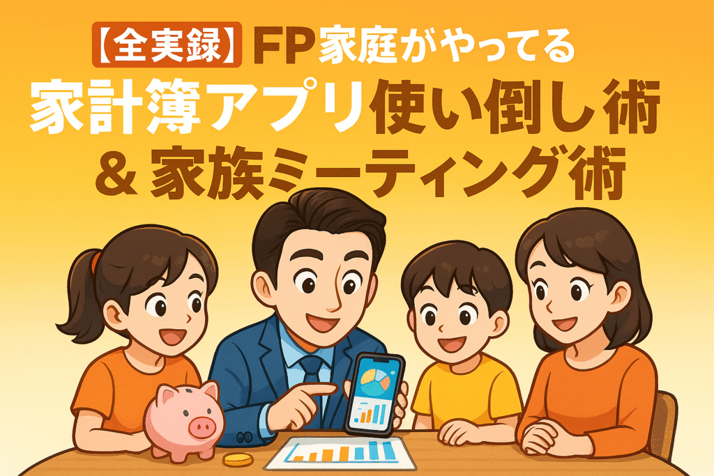 FP家庭がやっている家計簿アプリ活用術と家族ミーティング術をテーマに、家族がテーブルを囲み、FPパパがスマホの家計簿アプリを見せながら明るく話し合っているイラストバナー