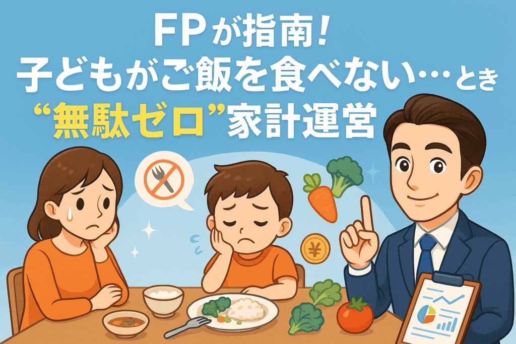 FPが指南！子どもがご飯を食べない時の“無駄ゼロ”家計運営をテーマに、困った母親と子ども、アドバイスするFPが食卓で節約や食品ロス対策を話し合うイラストバナー