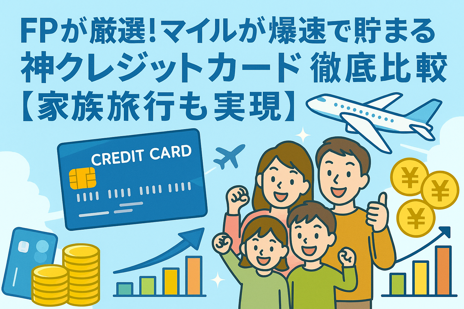FPが厳選したマイルが貯まるクレジットカードを比較する家族向けブログのトップ画像。クレジットカード・飛行機・家族・コイン・グラフなどのイラスト入りで、お得な家族旅行と節約のイメージを表現。