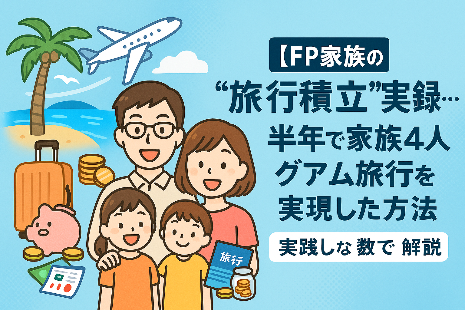 FP家族の“旅行積立”実録…半年で家族4人グアム旅行を実現した方法のブログTOP画像。家族4人がビーチや飛行機、スーツケース、コイン、貯金箱、家計簿など旅行や積立をイメージさせるイラストに囲まれている。