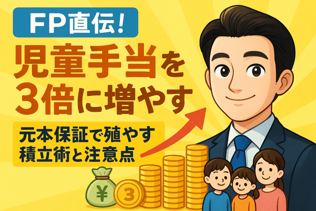 FP直伝｜児童手当を3倍に増やす方法。元本保証で殖やす積立術と注意点を解説するイメージ。家族・お金・積立のイラスト入りブログトップ画像