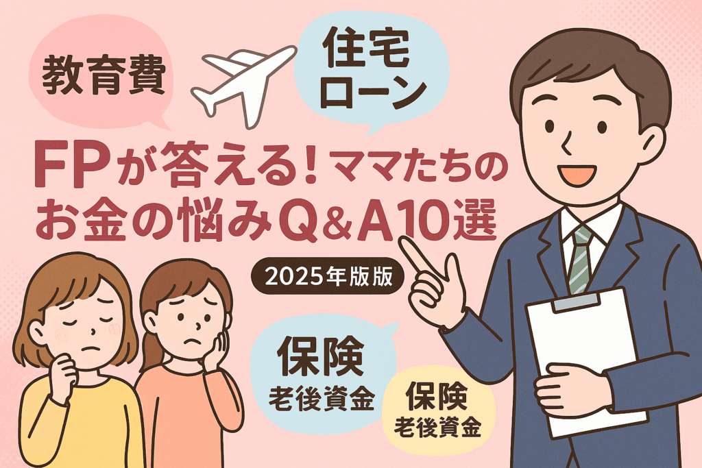 FPが答える！ママたちのお金の悩みQ&A10選【2025最新版】のブログTOP画像。悩む表情のママたちと、笑顔で解説するFPが描かれ、吹き出しに「教育費」「住宅ローン」「保険」「老後資金」などの文字が入ったイラスト。
