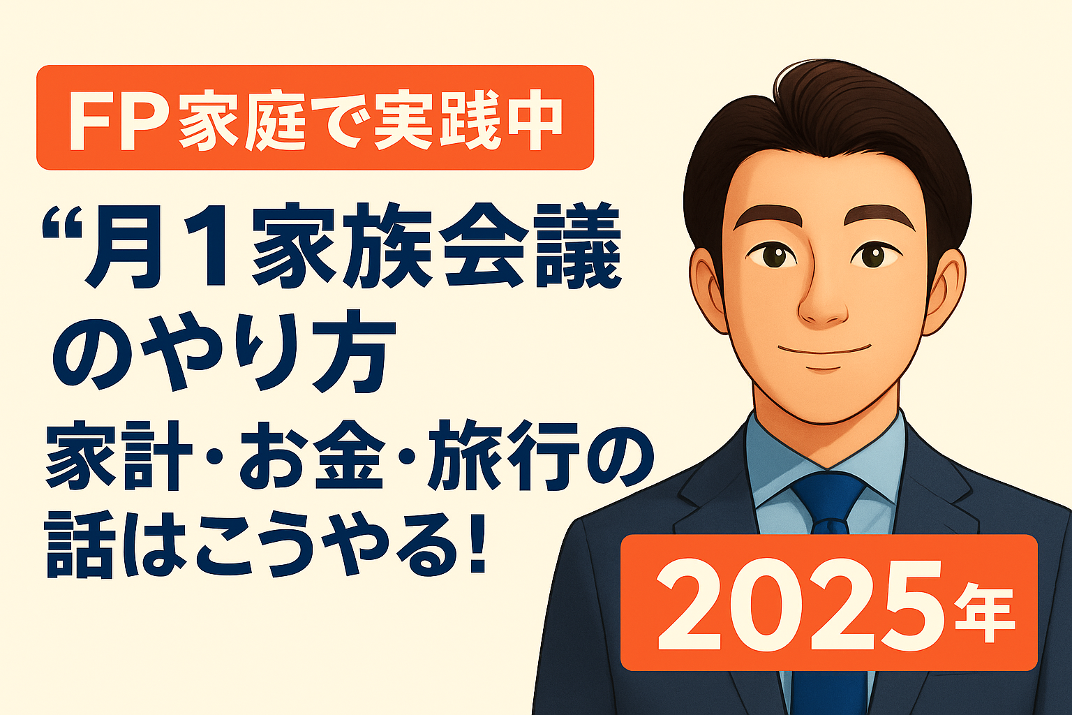 FP家庭で実践している「月1家族会議」のやり方を紹介するブログのトップ画像。スーツ姿の男性イラストと2025年の文字入りデザイン。家計・お金・旅行の話をする方法がテーマ。