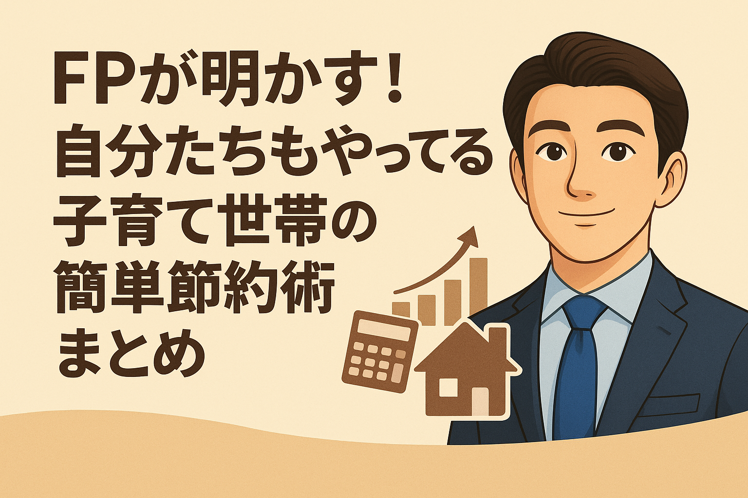 FPが実際に実践している子育て世帯の節約術を紹介するブログのトップ画像。ベージュとゴールドの上品な背景に、スーツ姿の男性イラストと電卓・家・グラフのアイコンが配置され、「FPが明かす！自分たちもやってる簡単節約術まとめ」という日本語タイトル入りデザイン。