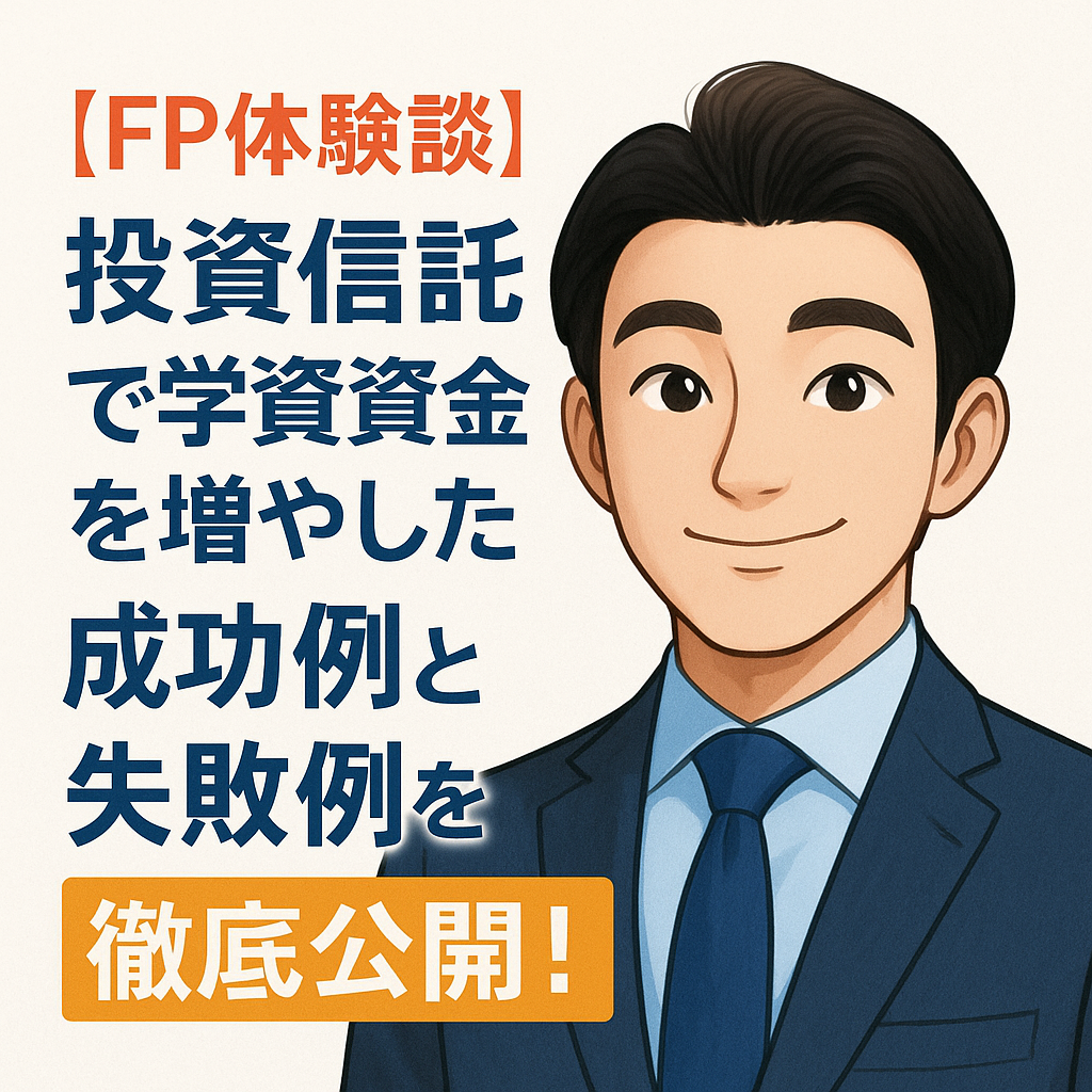 FP体験談として投資信託で学資資金を増やした成功例と失敗例を解説するブログのトップ画像。スーツ姿の男性FPイラストと「徹底公開！」の強調バナー入りデザイン。