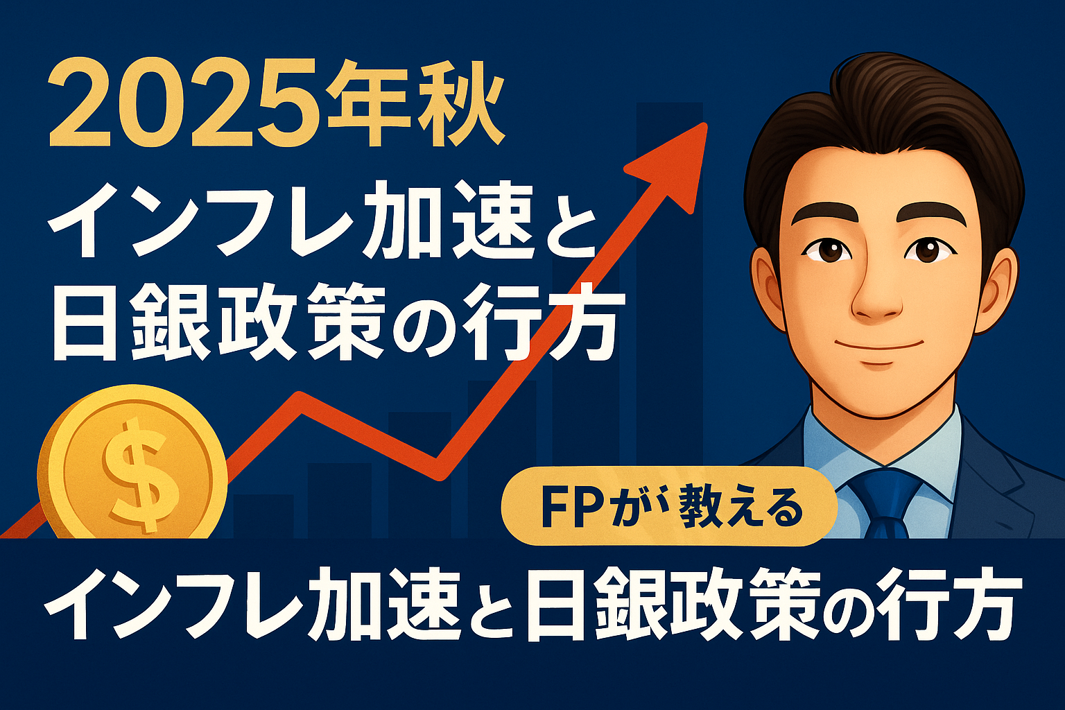 FPが解説する「2025年秋のインフレ加速と日銀政策の行方」をテーマにしたブログのトップ画像。ネイビーとゴールドの上品な背景に、スーツ姿の男性イラストと上昇するグラフ、コインのアイコンを配置したデザインで、信頼感と専門性を表現している。