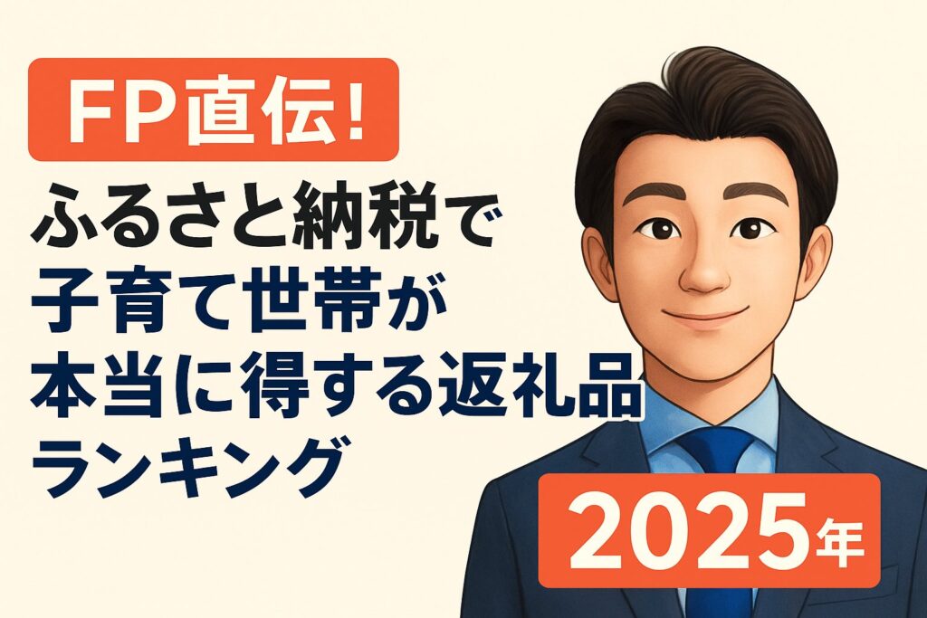 FPが解説する2025年版ふるさと納税返礼品ランキングのブログトップ画像。スーツ姿の男性イラストと「子育て世帯が本当に得する返礼品ランキング」の文字入りバナー。