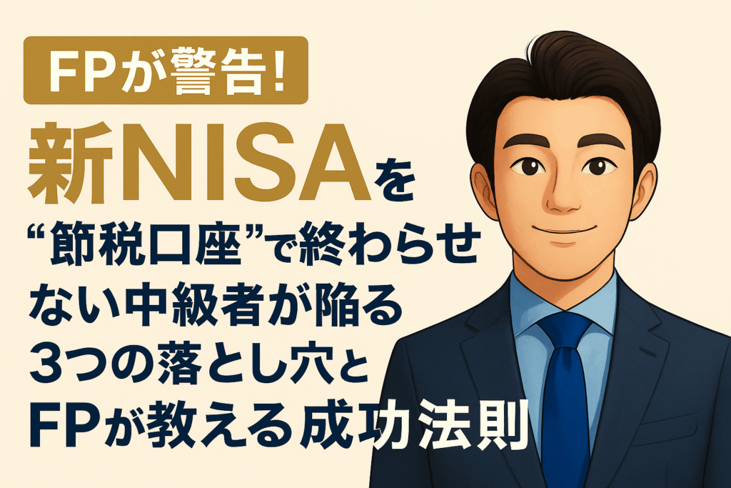 FPが解説する新NISAの注意点を紹介するブログのトップ画像。ベージュを基調とした上品なデザインで、スーツ姿の男性イラストと「新NISAを“節税口座”で終わらせない！中級者が陥る3つの落とし穴とFPが教える成功法則」というタイトル文字が配置され、信頼感を与える構成。
