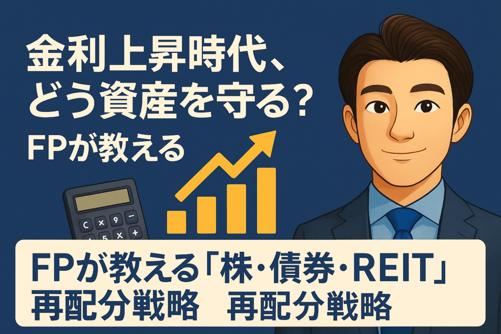 金利上昇時代に資産を守る方法を解説するブログのトップ画像。ネイビーとゴールドを基調に、スーツ姿の男性FPイラストと上昇するグラフ、電卓のアイコンが配置されたデザインで、「金利上昇時代、どう資産を守る？FPが教える 株・債券・REIT再配分戦略」というタイトル入り。信頼感と専門性を表現。